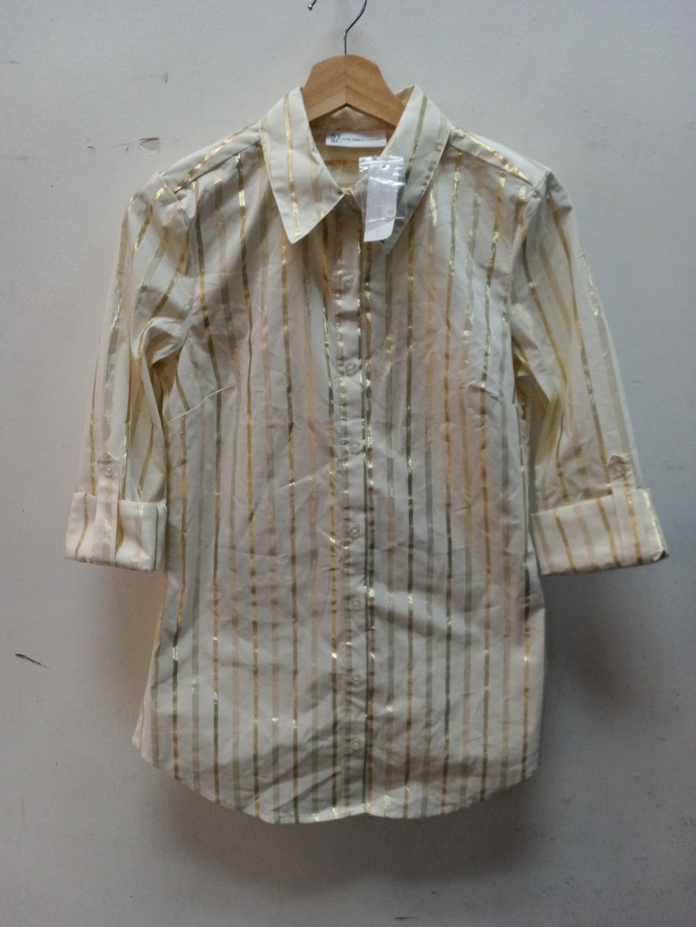 New York & Company Cream Button-Down Shirt with Gold Stripes